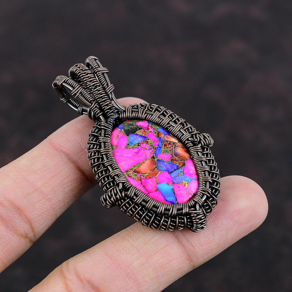 Натуральный Кингман Розовый Георгин Бирюзовый Кулон Кулон, обернутый медной проволокой Ручные медные украшения Бохо кулон Подарок для мамы Украшения из драгоценных камней