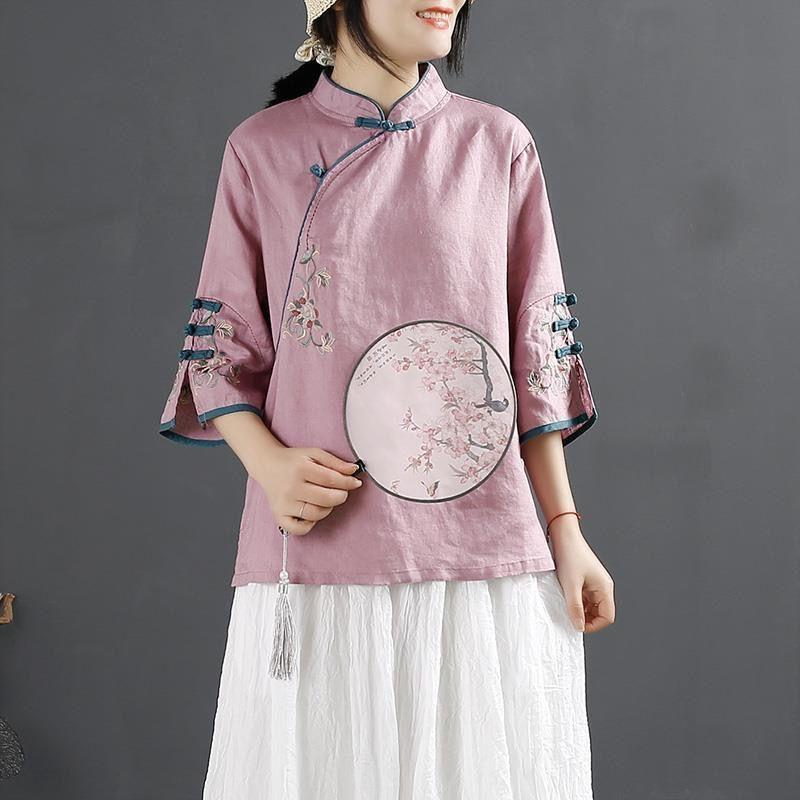 Новая хлопково-льняная рубашка женская весна-лето воротник-стойка на пуговицах топ с диагональной планкой вышивка
