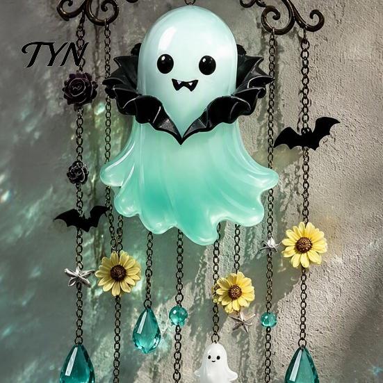 Halloween Party Supplies Ghost Wind Chime Decoration, Vintage Sun Catcher with Faux Crystal Alloy Chain Drops Tassels, Acrylic Hanging Ornament