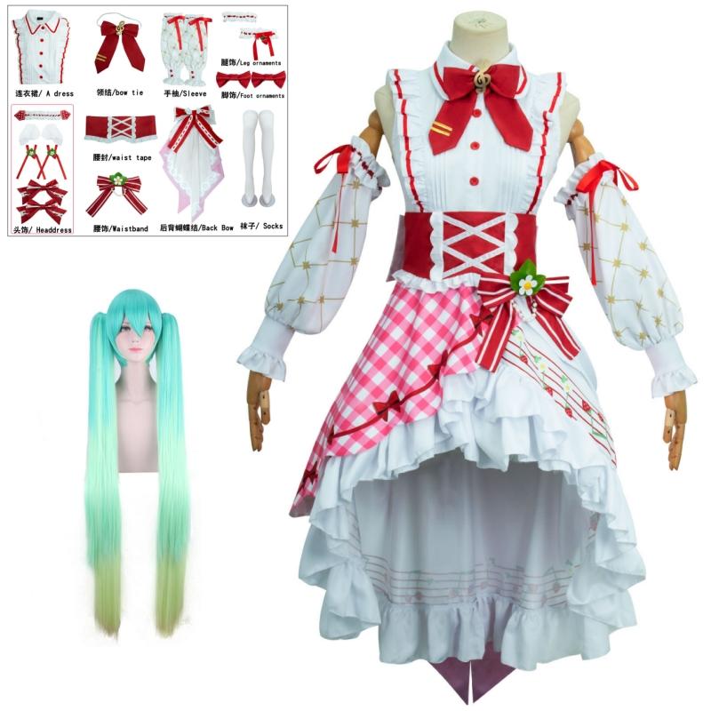 Miku Cosplay Strawberry Miku 15th Anniversary Cosplay Costume Wig Lovely Lolita Dress Women Halloween Uniform Party Fancy Dress