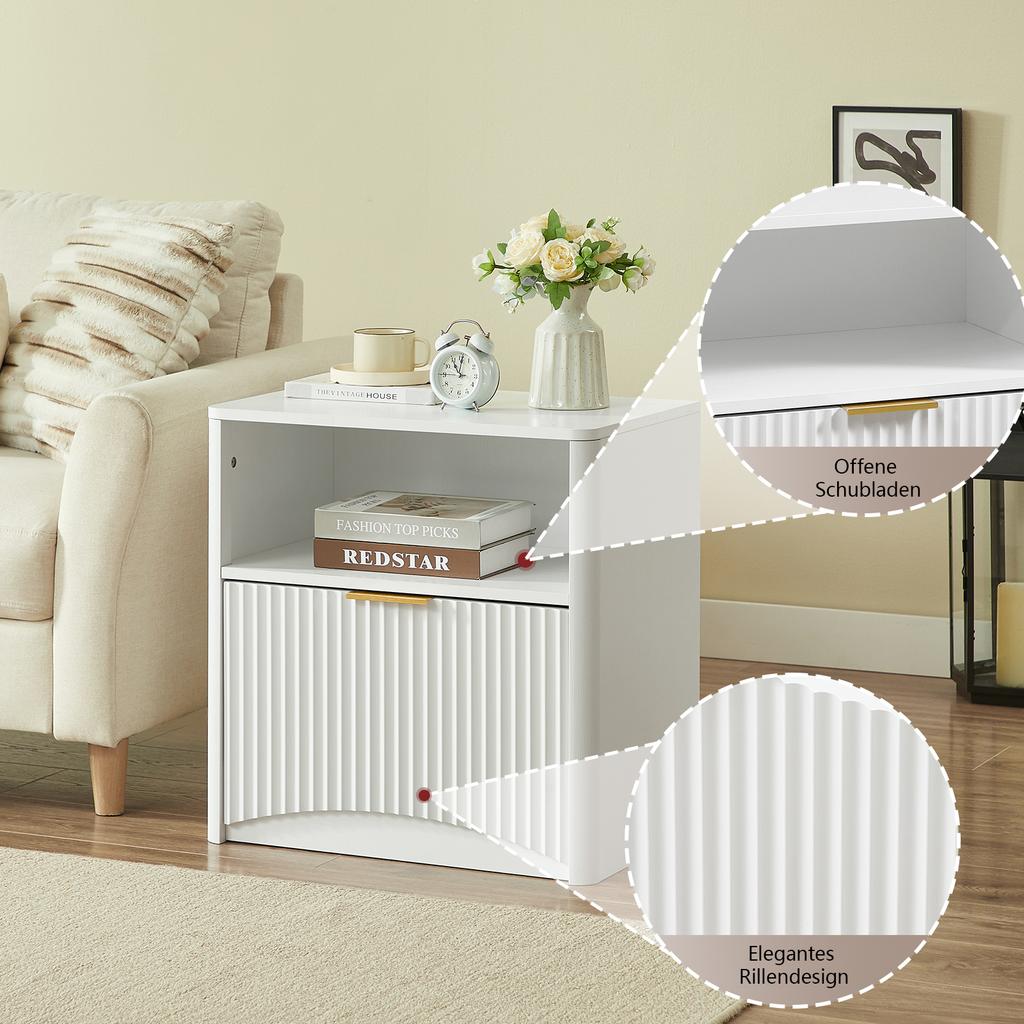 Grooved nightstand with open drawer and gold handles, space-saving, suitable for bedroom and living room, white