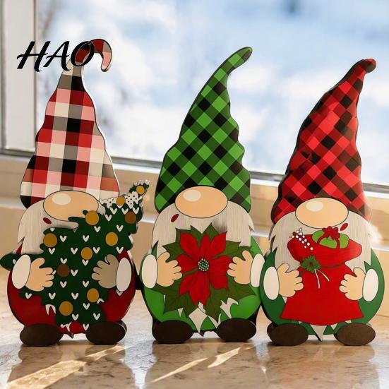 Cute Plaid Hat Gnomes 3Pcs/Set Wooden Christmas Gnome Ornaments, Faceless Figurines with Hats, Rustic Winter Home Decor Centerpieces for Tiered
