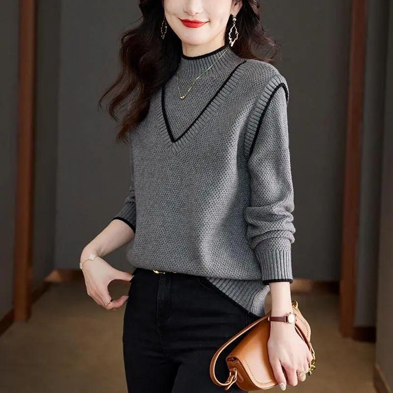 Women's Autumn and Winter Two-piece Sweater Half Turtleneck Pullover Sweater New Fashion Versatile Patchwork Bottoming Shirt