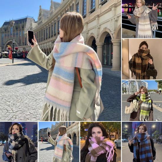 Winter Scarf Cashmere Feel Plush Scarf with Tassel Decoration Thickened Warm Plaid Pattern Winter