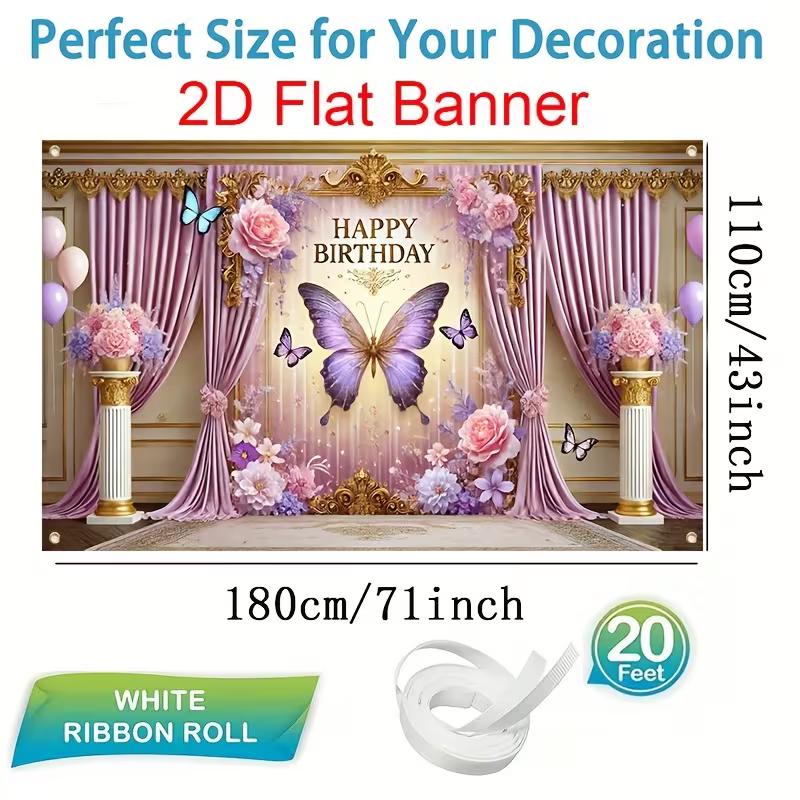 2D Elegant Purple Butterfly Birthday Backdrop Banner Floral Curtain Happy Birthday Party Decor Background