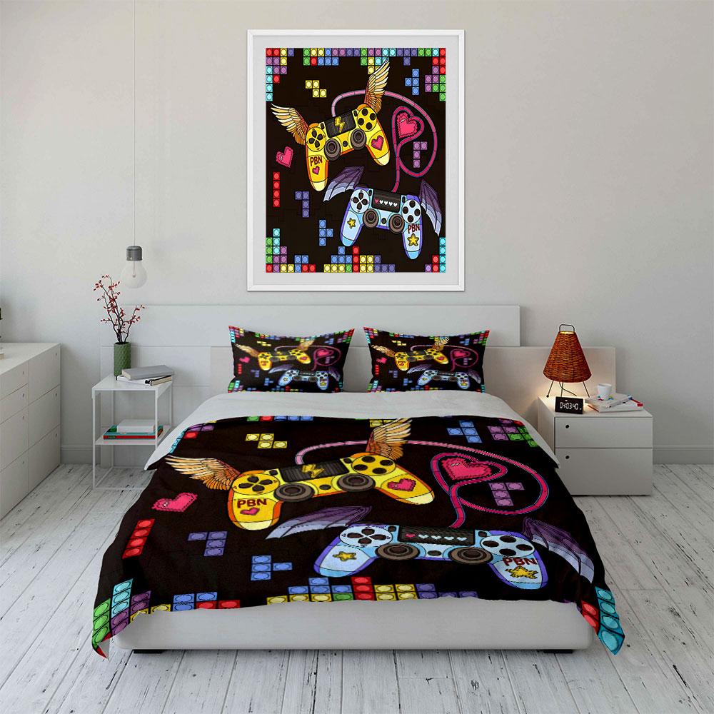 Angel & Devil Gamepad Block Game Print Bedding Set 1 Duvet Cover 2 Pillowcases for Adult and Children Luxury Gift Full Size