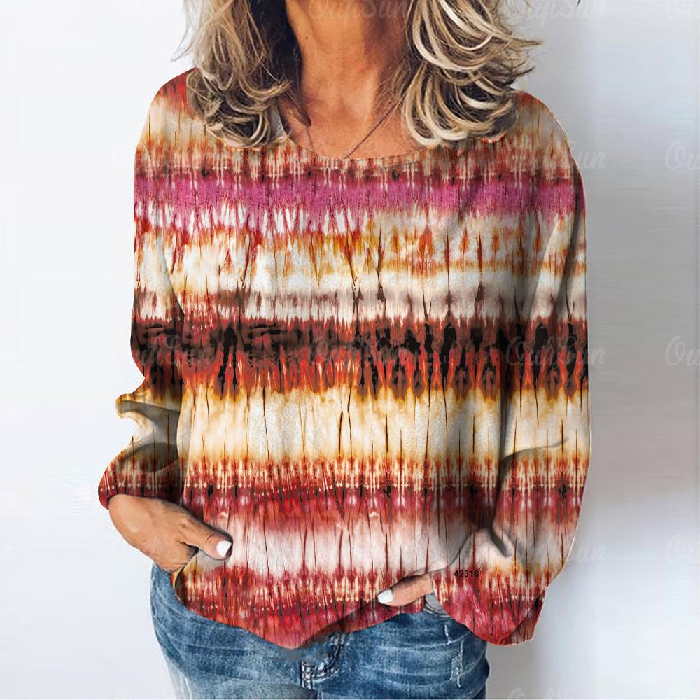 Винтажная женская футболка с длинным рукавом и полосатым принтом в стиле градиента, осенняя хлопковая женская одежда с круглым вырезом, женский повседневный пуловер
