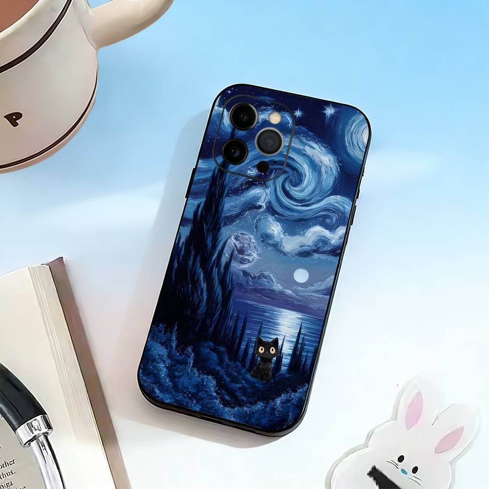 Ван Гог Чиби Кот Чехол для телефона Силиконовый Мягкий Для IPhone 17 16 15 14 13 12 11 X XR Plus Pro Max Plus