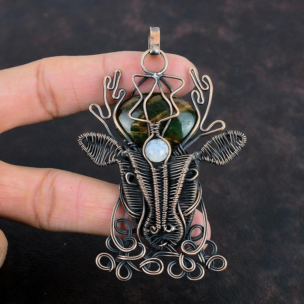 Australian Chrome Chalcedony Pendant Copper Wire Wrapped Gemstone Pendant Handmade Deer Face Pendant Rainbow Moonstone Pendant Gifts For Him