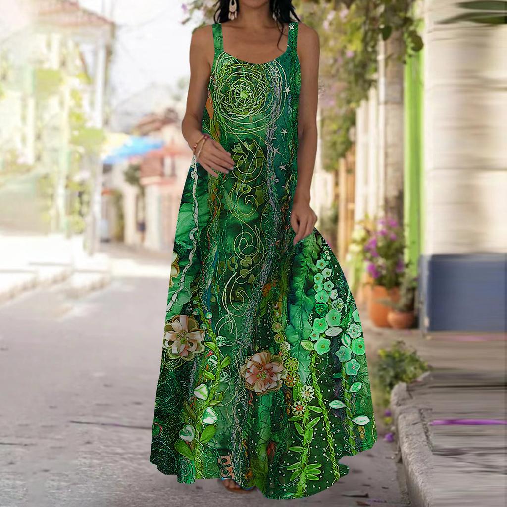 Женское платье-комбинация Длинное платье макси Зеленое платье с принтом изогнутых листьев Весна и лето Для отдыха и отпуска