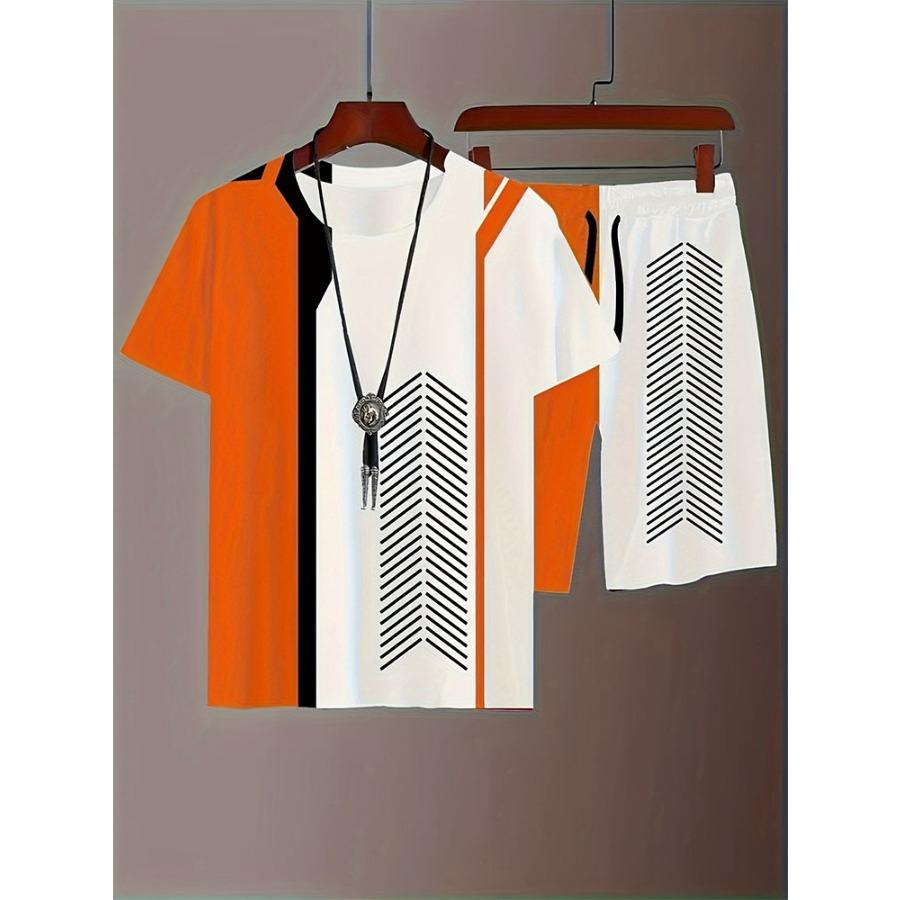 Летний повседневный мужской топ с короткими рукавами, модные пляжные шорты с цветным принтом, комплект из мужской футболки и шорт