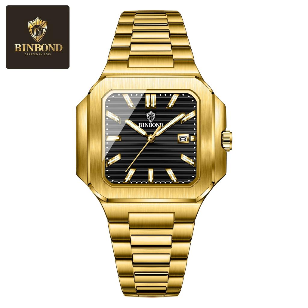 BINBOND Brand Luxury Classic Square Sport Man Wristwatch Waterproof Luminous Quartz Male Watches Stainless Steel Men Watch Reloj