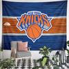 Bold orange basketball logo with blue background and horizontal stripe. Patterned tapestry for bedroom and living room home decor