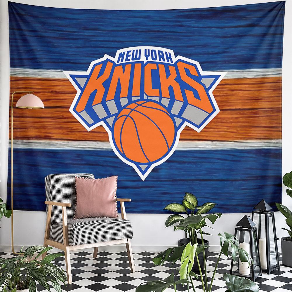 Bold orange basketball logo with blue background and horizontal stripe. Patterned tapestry for bedroom and living room home decor