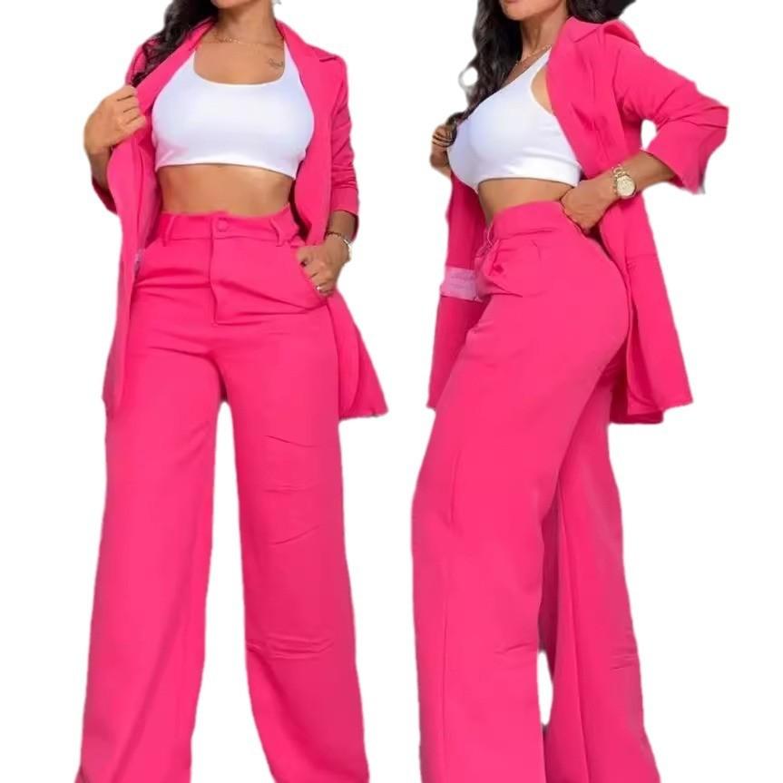 Women's Solid Color Split Sleeve Lapel Suit Straight Pants Suit