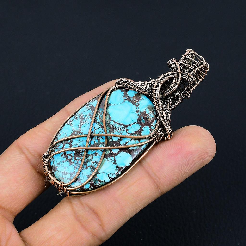 Tibetan Turquoise Pendant, 999 Copper Wire Wrapped Gemstone Jewelry, Handmade Pendant, For Thanksgiving