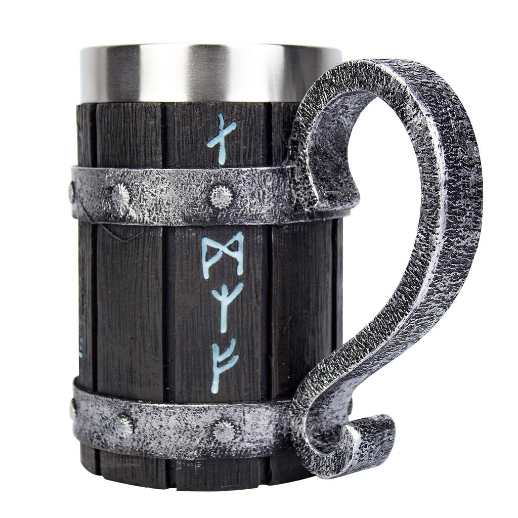 Nordic Viking Rune Mug Tankard Stainless Steel Wooden Resin 3D Norse Decor Coffee Cool Gothic Beer Tankard Stein Cup Mugs 600ml