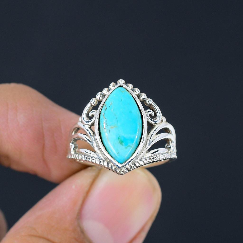 Натуральное кольцо в форме маркизы с медным бирюзовым драгоценным камнем из стерлингового серебра 925 пробы с короной и шевроном для женщин и девочек