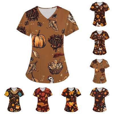 Женская мода с v-образным вырезом, короткими рукавами и карманами, топы с принтом