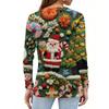 Women's Fashion Casual V-Neck Long Sleeve Decorative Button Christmas Print Top