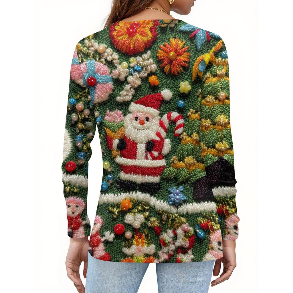 Women's Fashion Casual V-Neck Long Sleeve Decorative Button Christmas Print Top