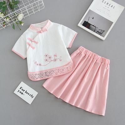 Костюм ханбок в иностранном стиле в ретро-китайском стиле для маленькой девочки, юбка-ципао, летний костюм из двух частей