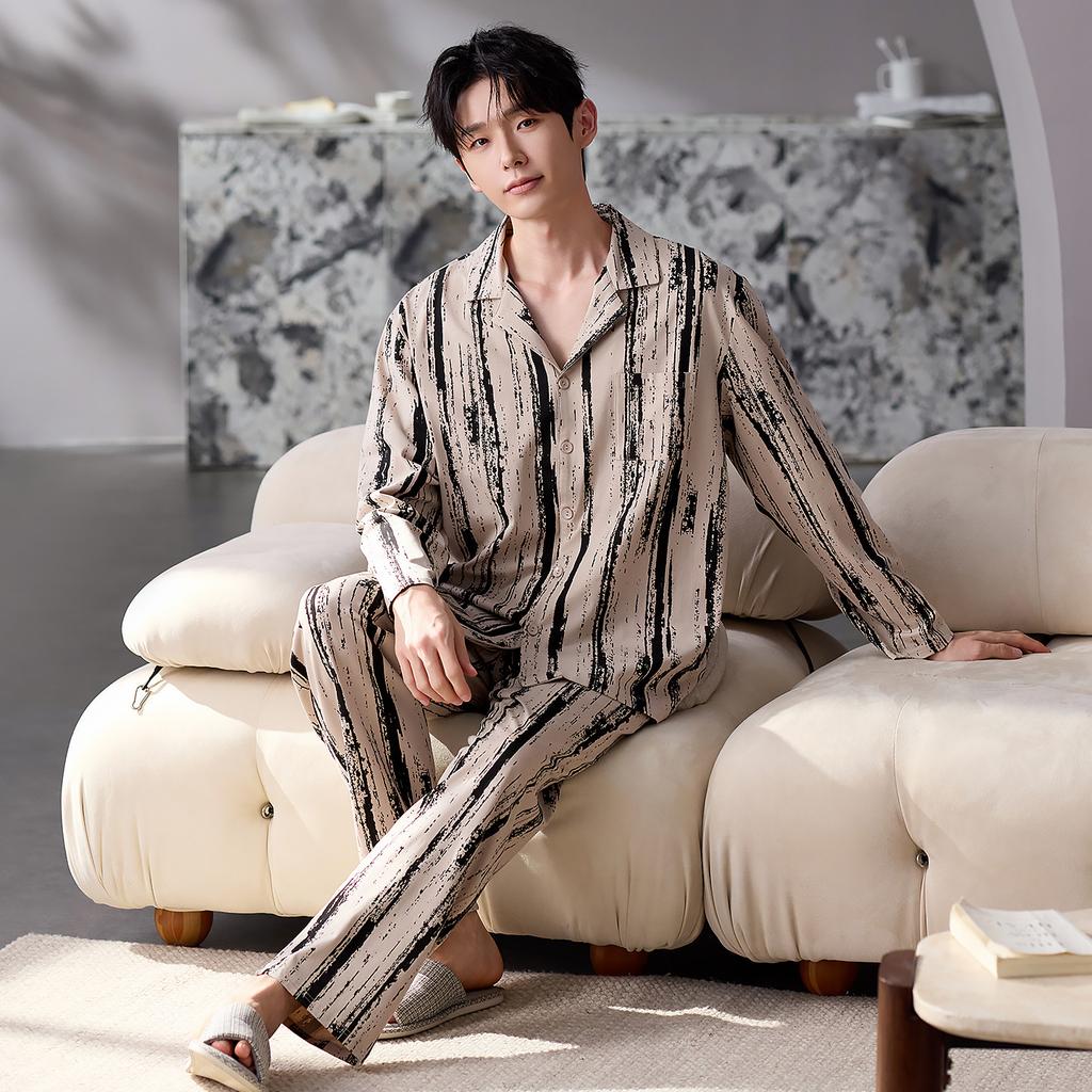 Couple Pajamas Men'S And Women'S Spring And Autumn Autumn Pure Cotton Striped Long Sleeves Can Be Worn Outside Loungewear Suit