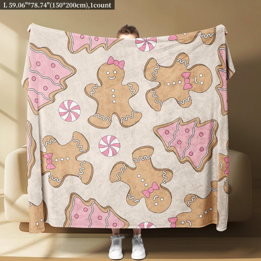 GUOYU Blanket 1pc Pink Marry Christmas Blanket Lovely Gingerbread Man Print Flannel Blanket for Home Living Room Decor New Year Christmas Gift