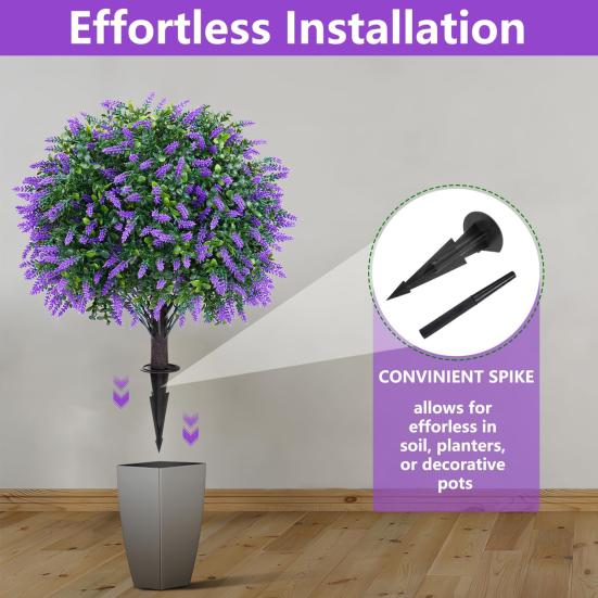Artificial Topiary Ball with Lavender Flowers 16 Inches UV Resistant Faux Shrubs with Ground Spike Fake Evergreen Plant Artificial Brush Garden Decor