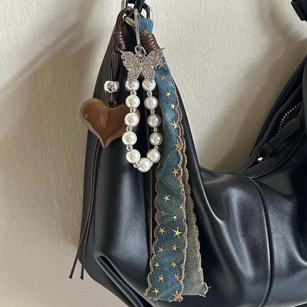 Pearl Bag Pendant Cowboy Ribbon Bag Charm Y2K Style Love Heart Pendant  Fashion Accessories