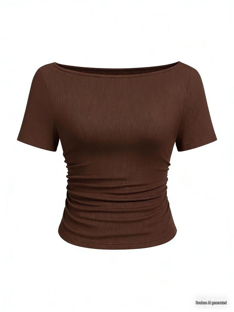 2025 Осень Приталенный женский топ с вырезом лодочкой, рукавами-колокольчиками и сборками - Однотонный, с длинным рукавом