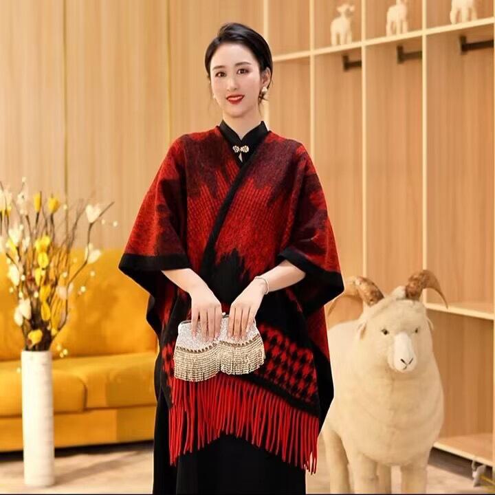 Осенне-зимняя шаль с бахромой, женская клетчатая накидка, кардиган большого размера, накидка, шарф, твидовый жакет