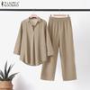 ZANZEA Хлопково-льняная одежда Женская блузка и брюки Повседневный комплект из двух предметов