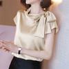 Летняя элегантная модная атласная футболка с бантом, женская, с коротким рукавом, однотонная, пуловер, женские топы с характером