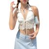 Women Crop Halter Tops Lace Patchwork Backless Shirt Sleeveless Camisole for Streetwear Summer Clothes
