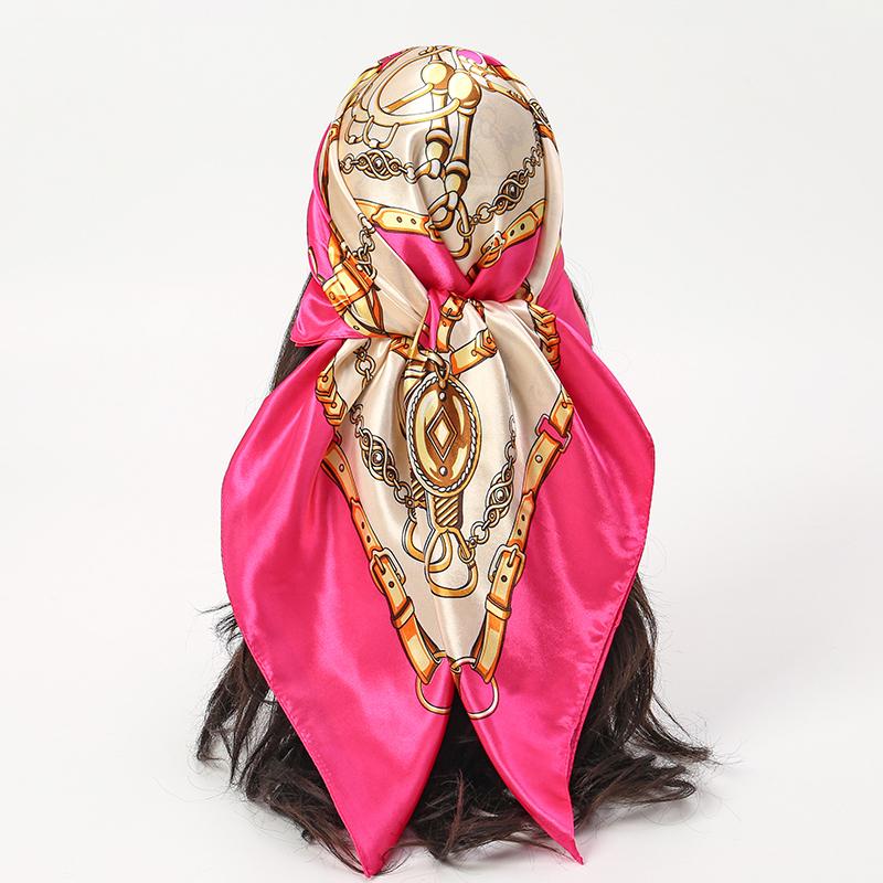 Satin Square Scarf Women Muslim Hijab Elegant Print Silk Neckerchief Shawl Wraps Headband Handle Hair Accessories Bandana