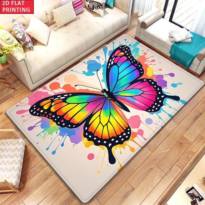 Colorful Rainbow Butterfly Paint Splash Area Rug, Non-Slip Soft Carpet for Living Room Bedroom, Vibrant Art Decor Floor Mat