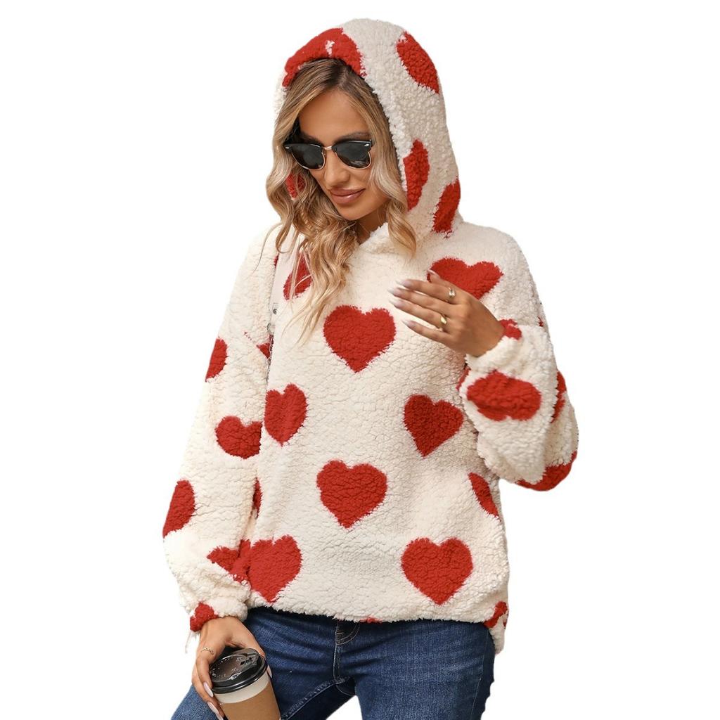 Autumn and Winter Women's Sweatshirt Plush Hooded Love Printed Pullover Long Sleeve Sweatshirt