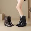 Fashion Vintage Pointed Toe Mid Calf Western Boots Women Low Heel Riding Botas Sexy Pleated Silp On Spring Autumn Short Botines Shoes