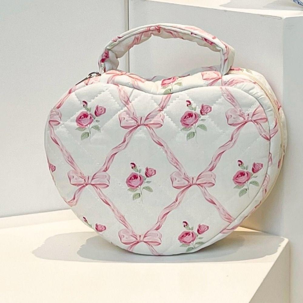 Cute Love Storage Bag Large Capacity Stylish Floral Pattern Makeup Bag Quilting Cotton with Handle Cosmetic Organizer