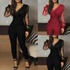 Women Spring Jumpsuit Mesh Sequined V Neck Waist Tight Elegant Overalls for Office