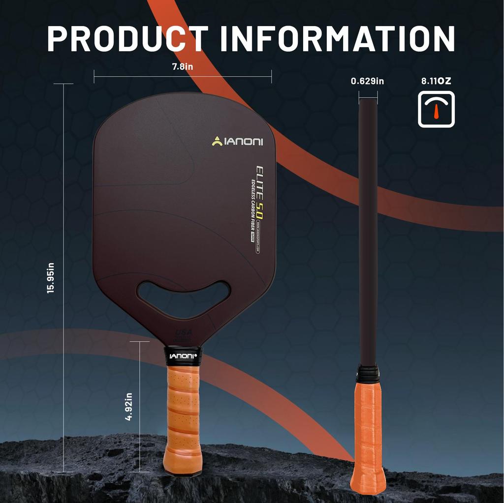 IANONI SPORTS ELITE5.0 Edgeless Pickle Ball Paddle 16mm Thickness Approved Adult Carbon Fiber Pickleball Paddle