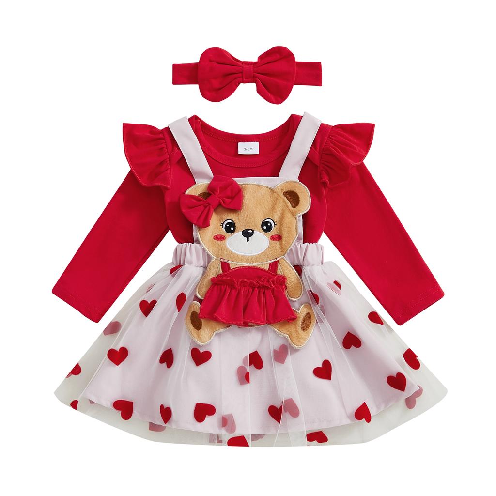 Комплект одежды на День святого Валентина для девочки: комбинезон с длинными рукавами + юбка на подтяжках из тюля + повязка на голову