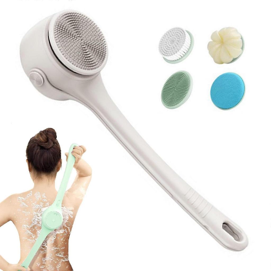 Electric Back Scrubber for Shower, Long Dual Handle Body Scrubber Spinning Massage Bath Brush,4 Detachable Heads