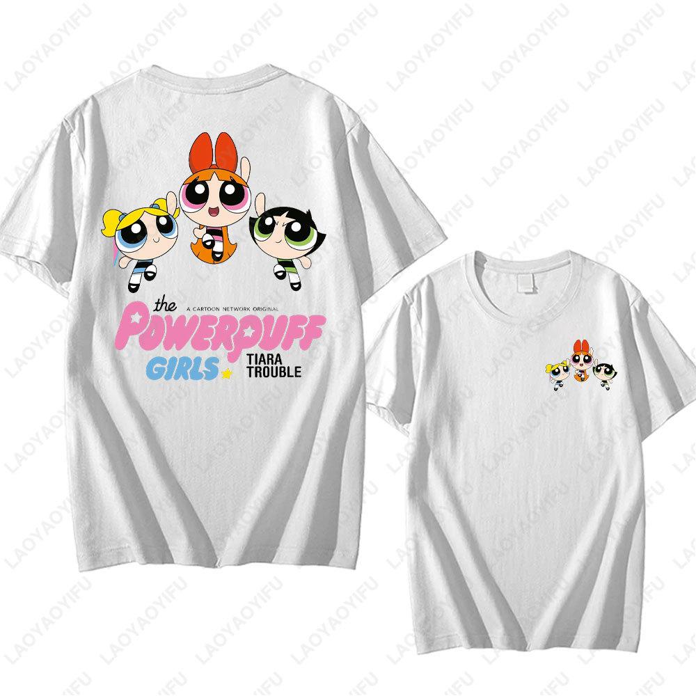 Аниме-футболка Powerpuff Girls Модная Каваи Женская одежда Круглый вырез Летняя Хлопковая Футболка с коротким рукавом Ретро Тренд Крутые Уличные Топы