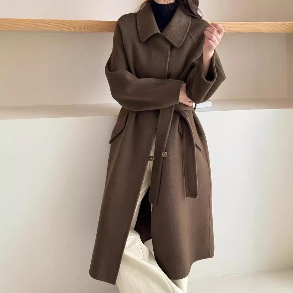 Baby Doll Collar Single-breasted Double-sided Wool Coat for Women Long Plate Buttoned Off Shoulder Sleeves Double-sided Cashmere Plus