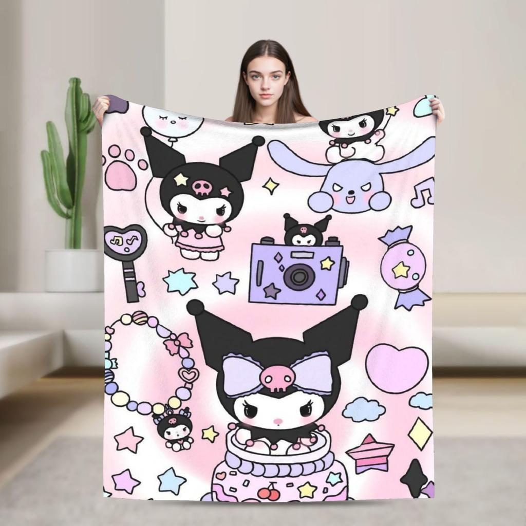Фиолетовые пледы Kuromi Кавайный мультяшный шерстяной Потрясающие дышащие пледы для покрывала Осень/Зима
