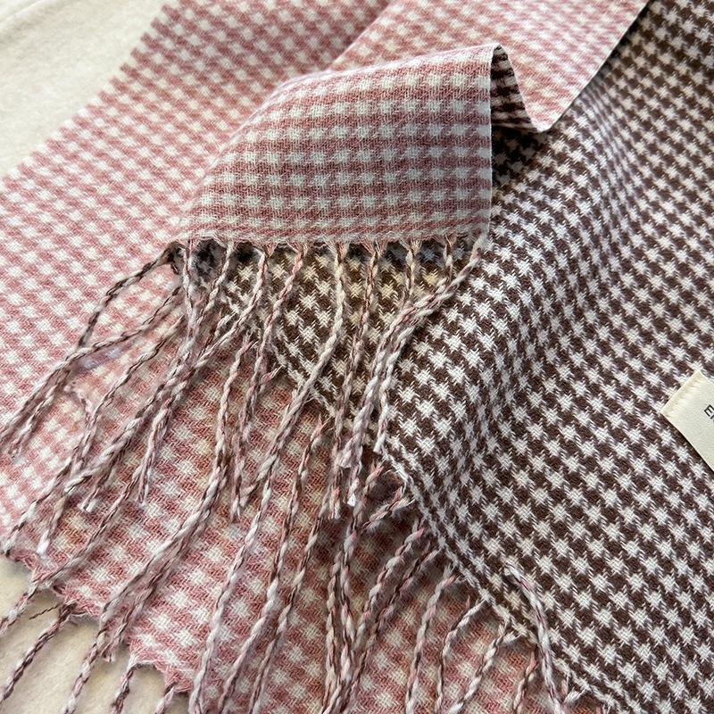 Women's Nordic Simple Houndstooth Plaid Scarf, English Shawl, Reversible Tassel Check Scarf