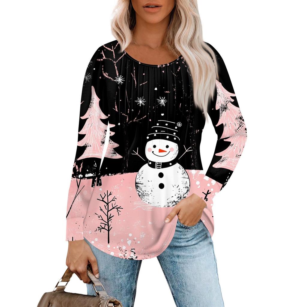 Женская повседневная футболка с круглым вырезом и длинными рукавами с рождественским принтом и складками