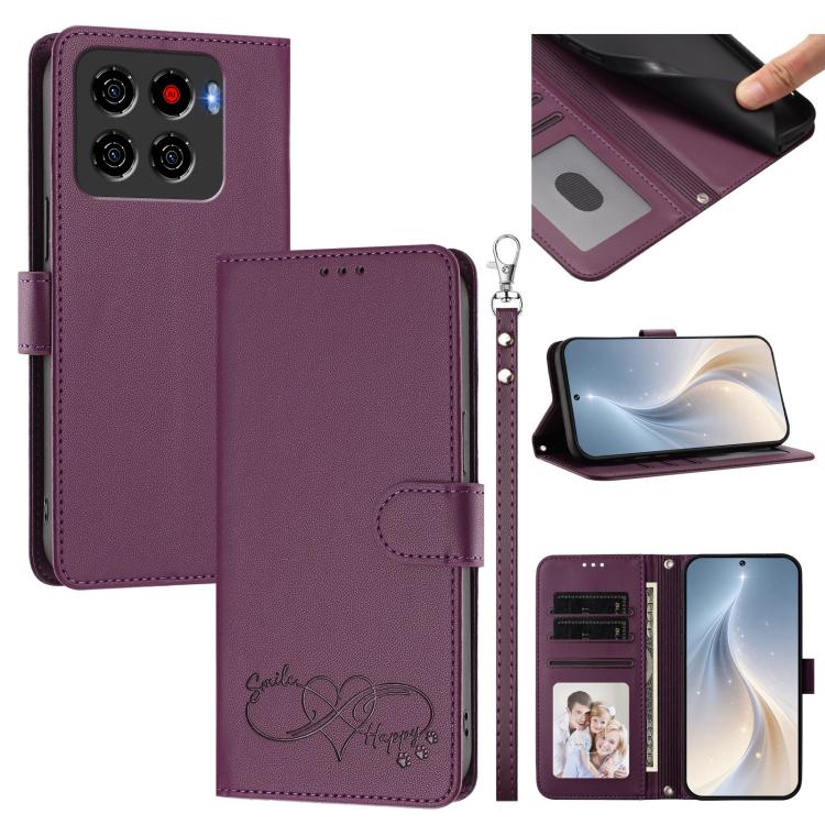 Happy Heart Pattern Magnetic Closure Vegan Leather Phone Case With Wrist Strap For ZTE Blade A56 4G